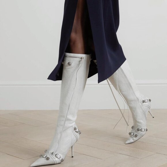 Women's Faux Leather White Stiletto Knee High Pointed Toe High Heel Zipper Boots - Picture 4 of 6